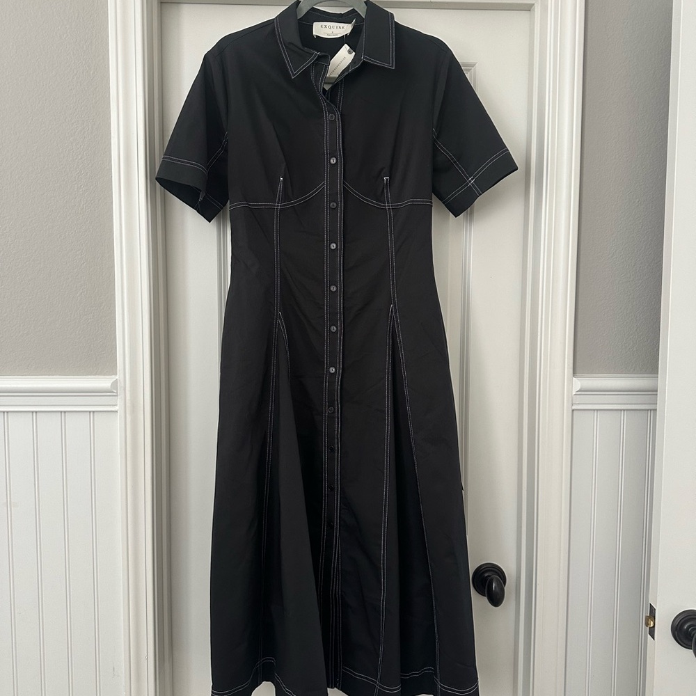 Anthropologie Exquise Short-Sleeve Seamed Pleated Midi Dress - Picture 5 of 8